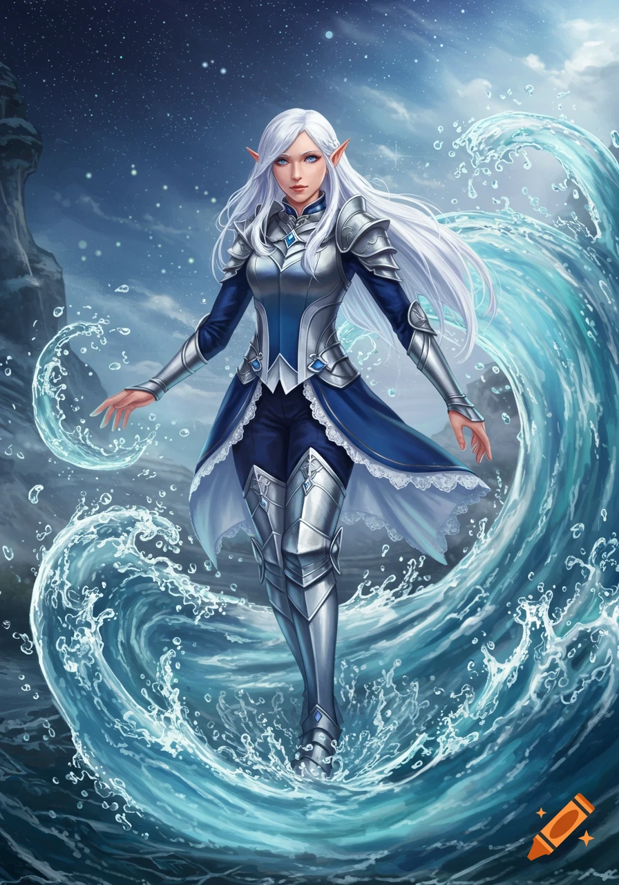 A white-haired elf in blue and silver armor stands amidst swirling water under a starry night sky.