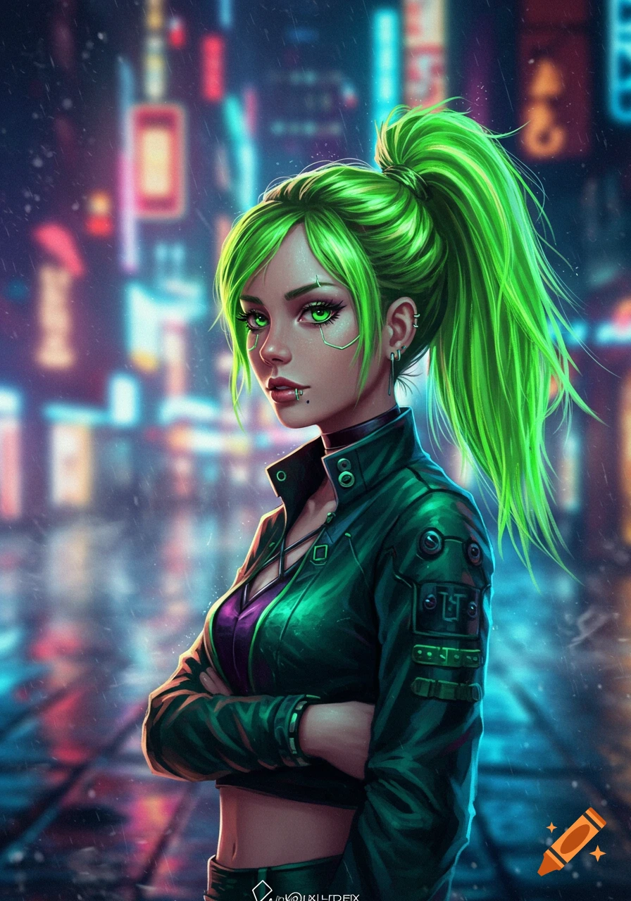A cyberpunk woman with bright neon green hair in a high ponytail and green eyes, wearing a dark green jacket, stands in a rainy neon city street. Digital art.