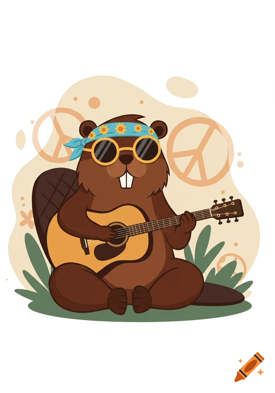 Cartoon beaver wearing a hippie bandana and sunglasses, playing an acoustic guitar, with peace signs in the background.