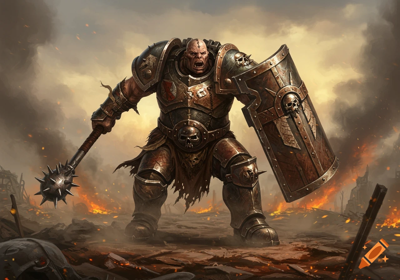 A large, heavily armored warrior, an Ogryn, holds a spiked club and a skull-adorned shield, roaring on a fiery, war-torn battlefield.