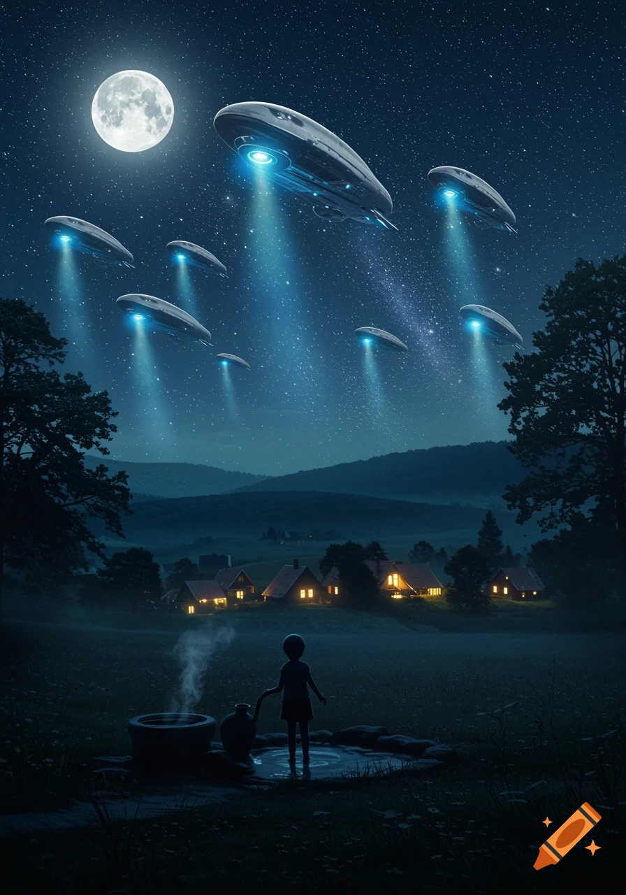 A silhouetted child stands by a well in a moonlit field, watching multiple glowing UFOs fly over a distant village.