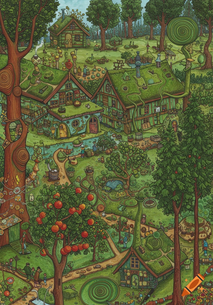 A vibrant, detailed illustration depicting a whimsical village with houses built into lush, green, moss-covered hillsides, surrounded by forests and small figures.
