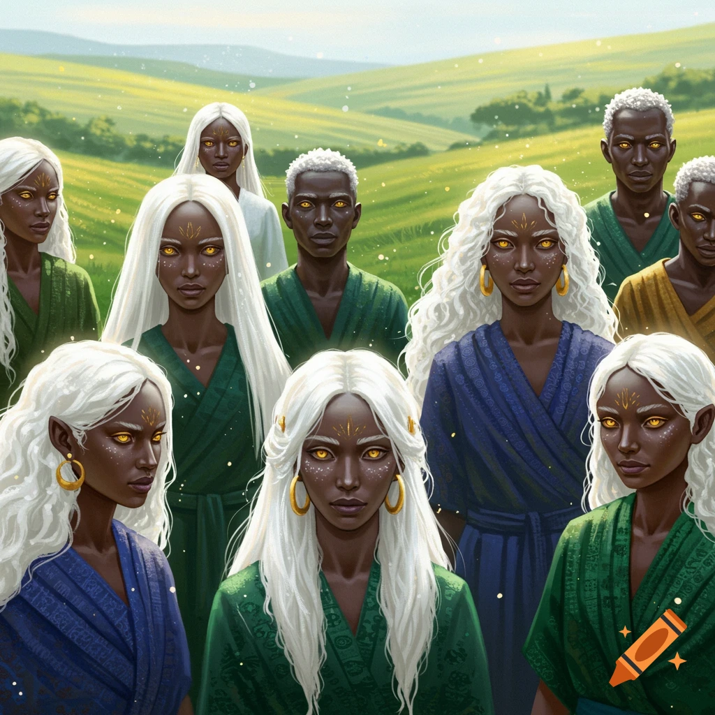 A group of fantasy people with dark skin, white hair, and golden eyes stand in a vibrant green field.