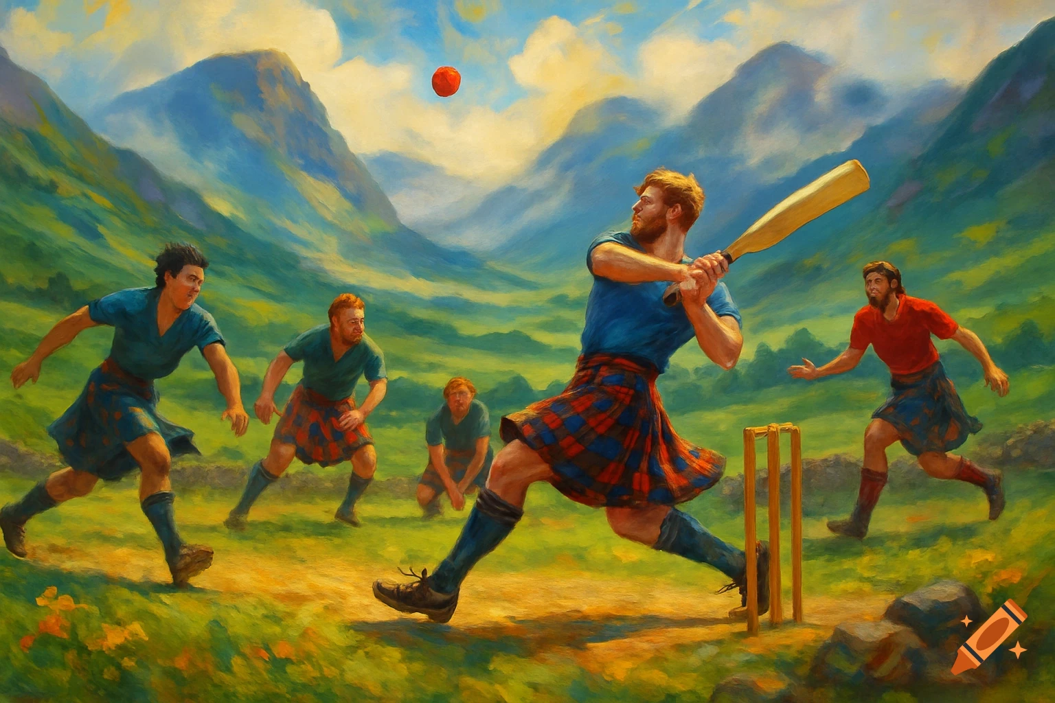 Men in kilts playing cricket amidst green Scottish mountains in a vibrant painting.