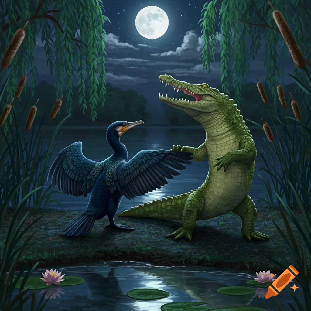 A stylized illustration of a cormorant and a crocodile dancing under a full moon in a swamp.