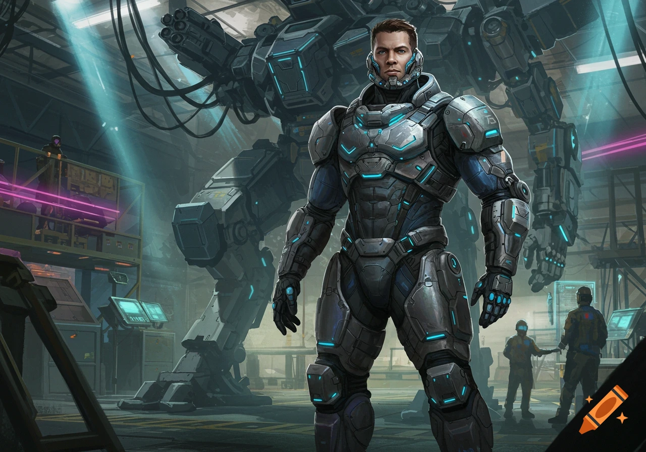 A male mech pilot in a blue and silver hardsuit stands in a futuristic hangar with a giant combat mech.
