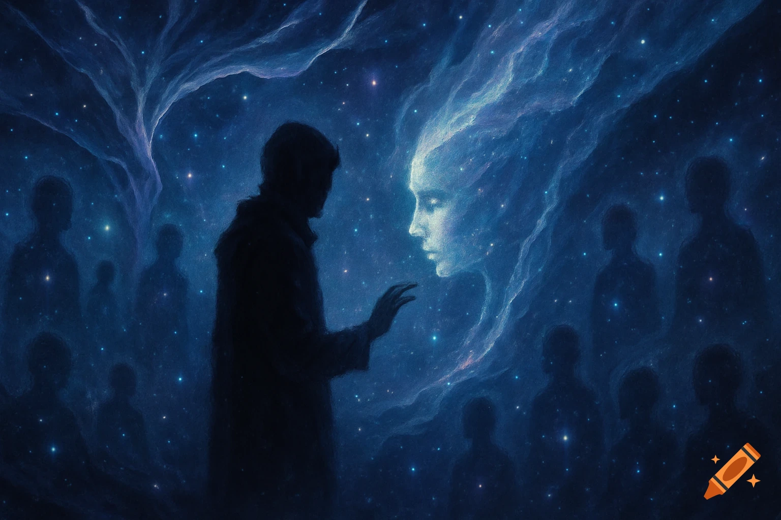 Silhouette of a person reaching towards a glowing ethereal face made of stardust in a cosmic, star-filled void.