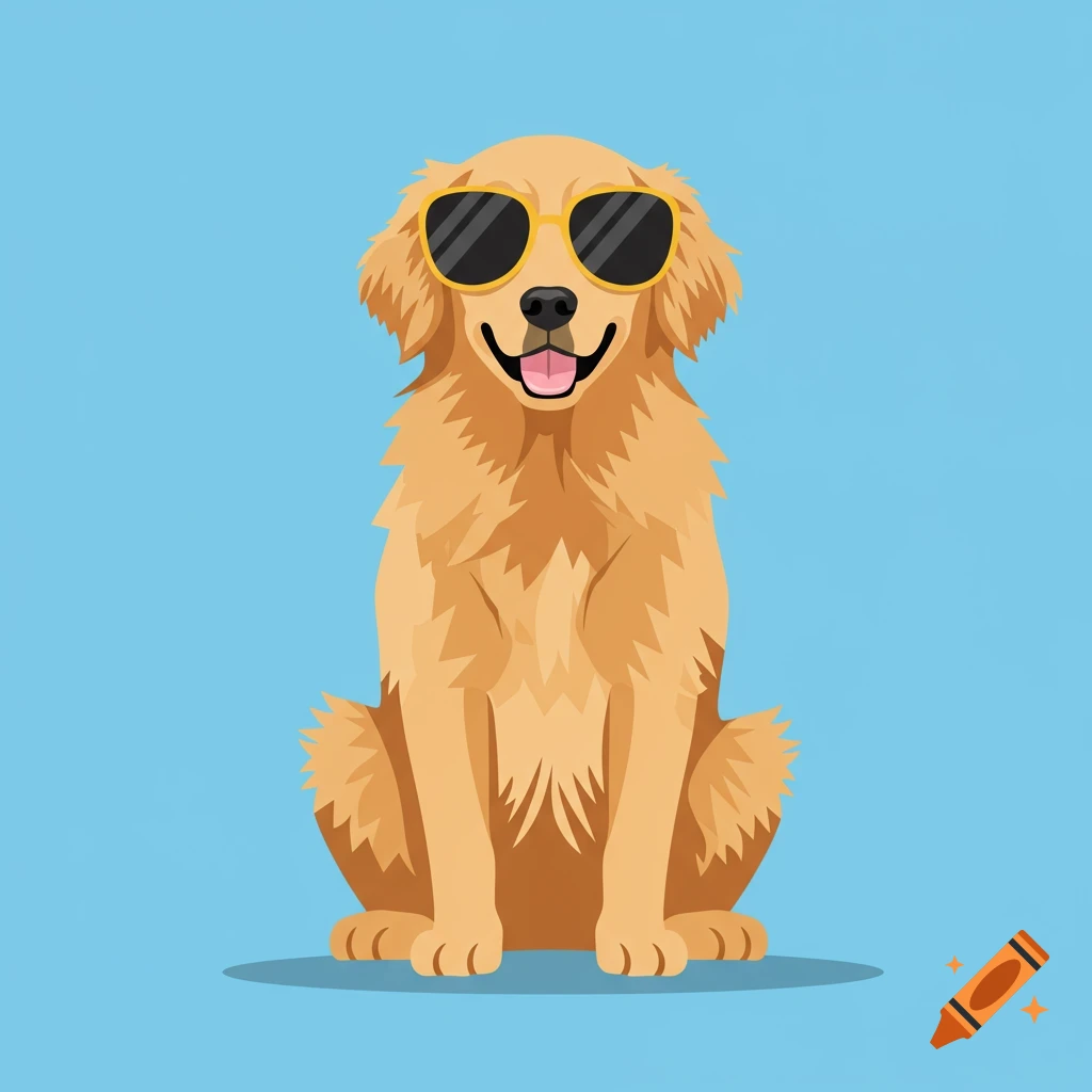 A cartoon golden retriever wearing sunglasses sits against a solid light blue background.