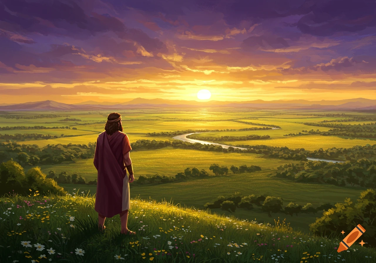 A figure stands on a grassy hill, gazing at a vast, sunlit landscape with a winding river and distant mountains under a dramatic sky, in an illustrative style.