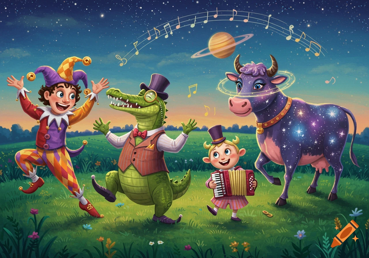 A jester, an alligator, a child playing accordion, and a cosmic cow dance in a field under a starry night sky with musical notes.