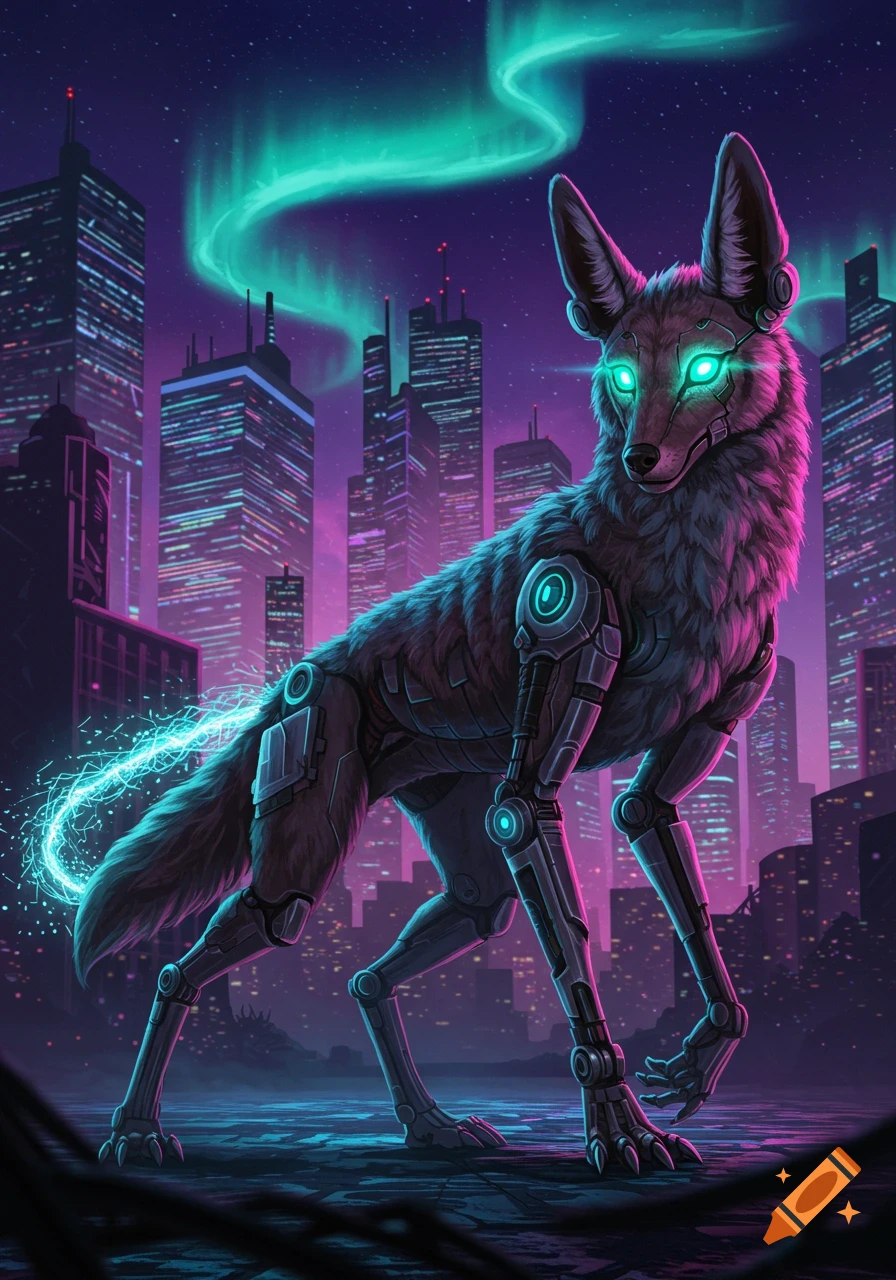A robotic coyote with glowing eyes stands in a neon-lit futuristic city under an aurora.