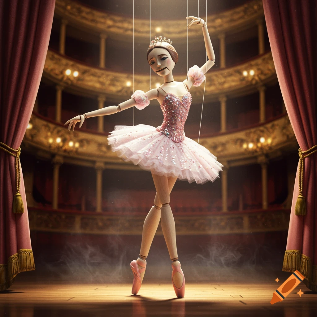 A detailed ballerina marionette puppet in a pink tutu poses gracefully on a dimly lit stage with red curtains and a grand theater audience hall in the background.