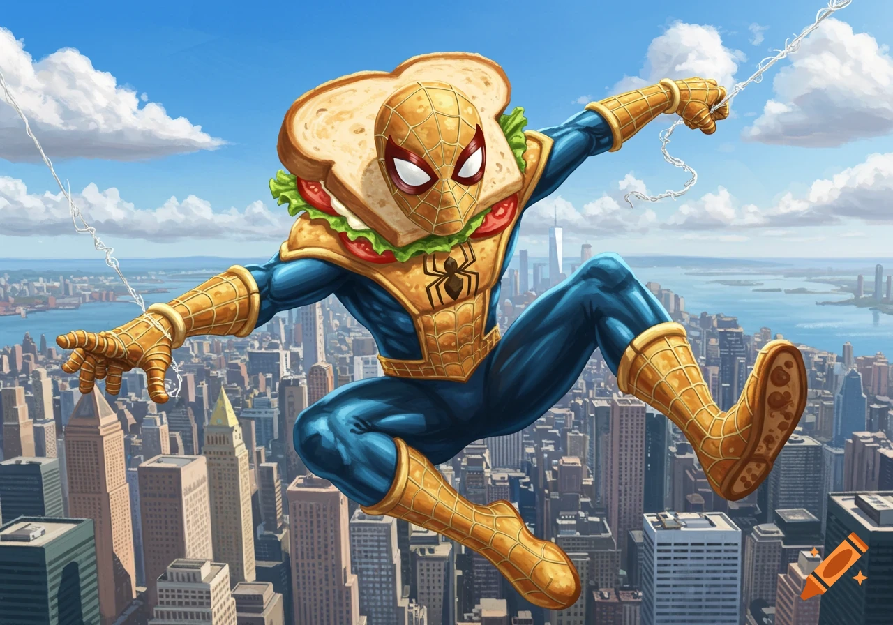 Spider-Man in a sandwich-themed suit with bread, lettuce, and tomato, swings over a city skyline on a sunny day.