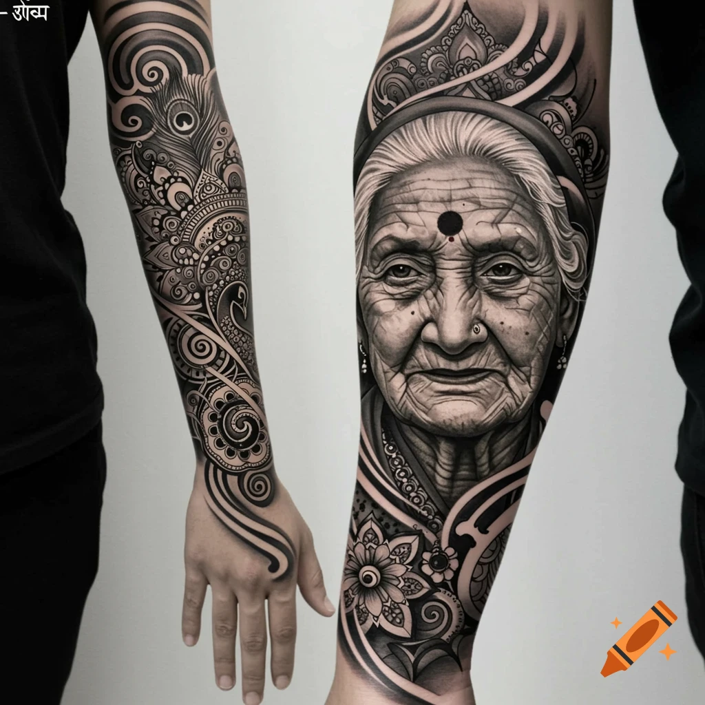 Detailed gray and black arm tattoo featuring an old Indian woman's portrait, intricate patterns, and an Om symbol.