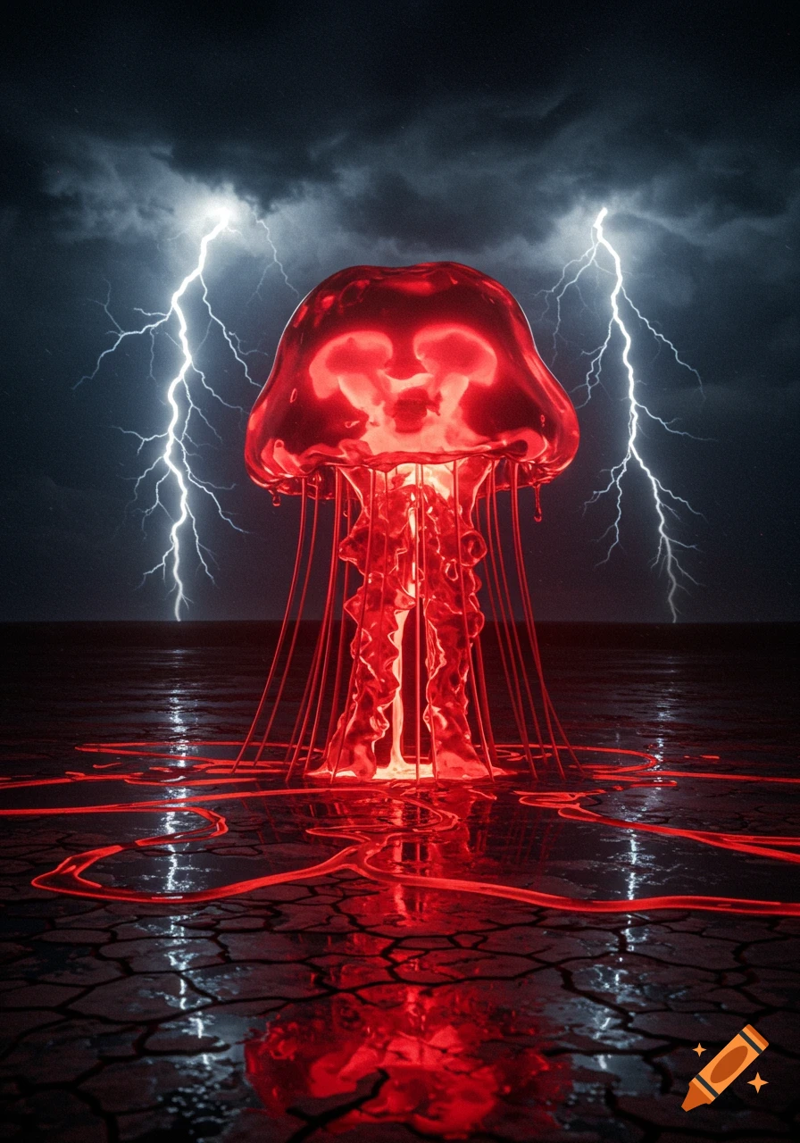 A large, glowing red translucent jelly-like creature stands on a cracked, reflective surface under a dark, stormy sky with lightning.