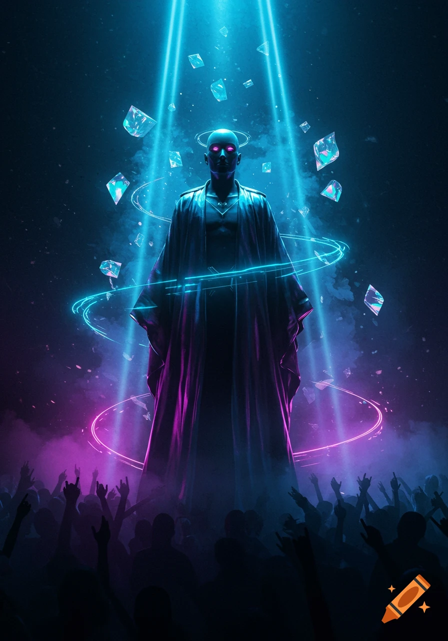 A robed figure with glowing eyes stands above a silhouetted crowd at a rave, illuminated by vibrant blue and purple neon lights and floating crystals.