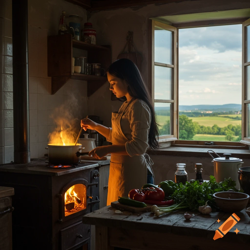 A young girl with long dark hair stirs a pot on a rustic wood stove in a cozy kitchen, with a window overlooking green hills.