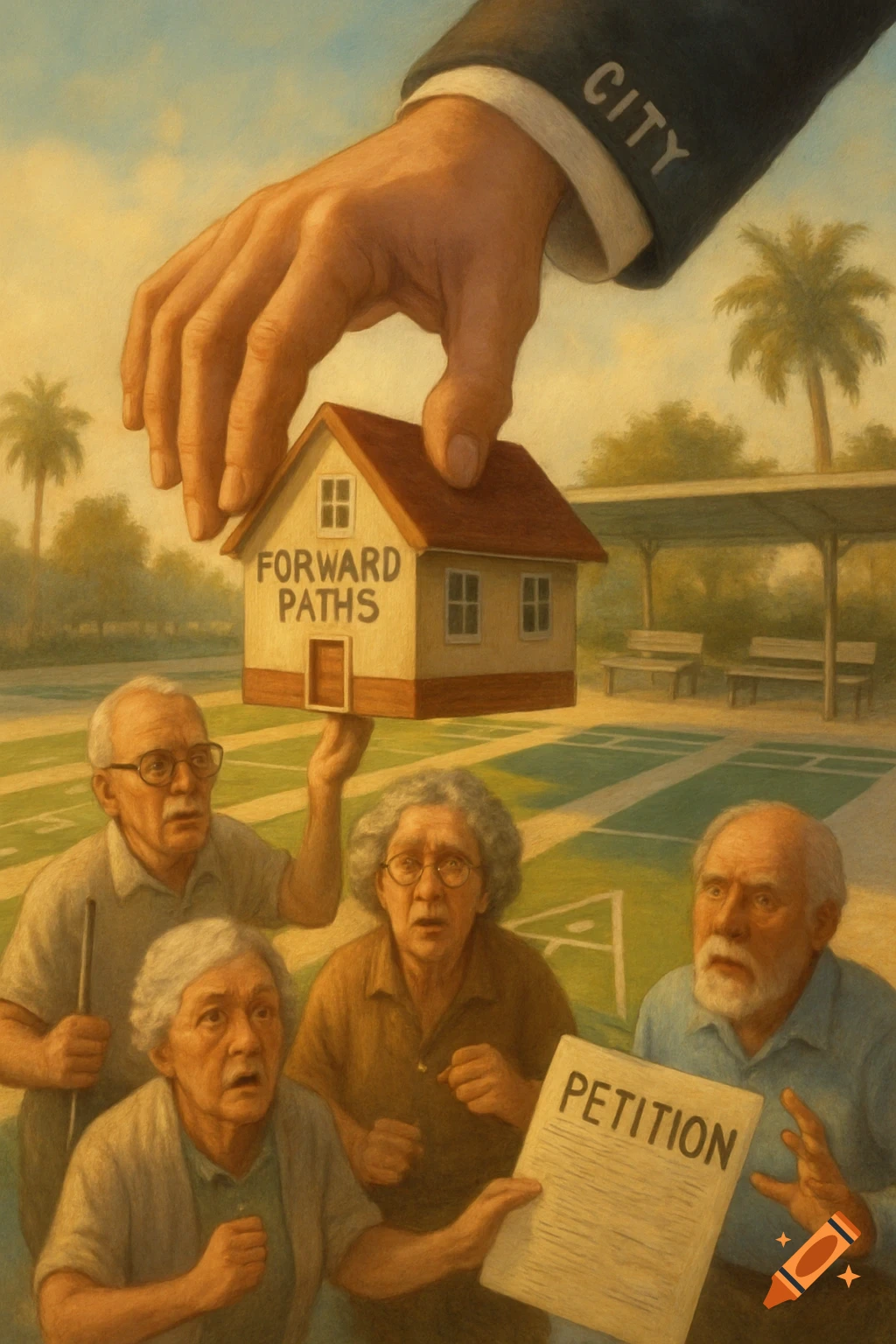 A large hand labeled "CITY" lowers a house with "FORWARD PATHS" onto a shuffleboard court, while alarmed seniors hold a "PETITION."