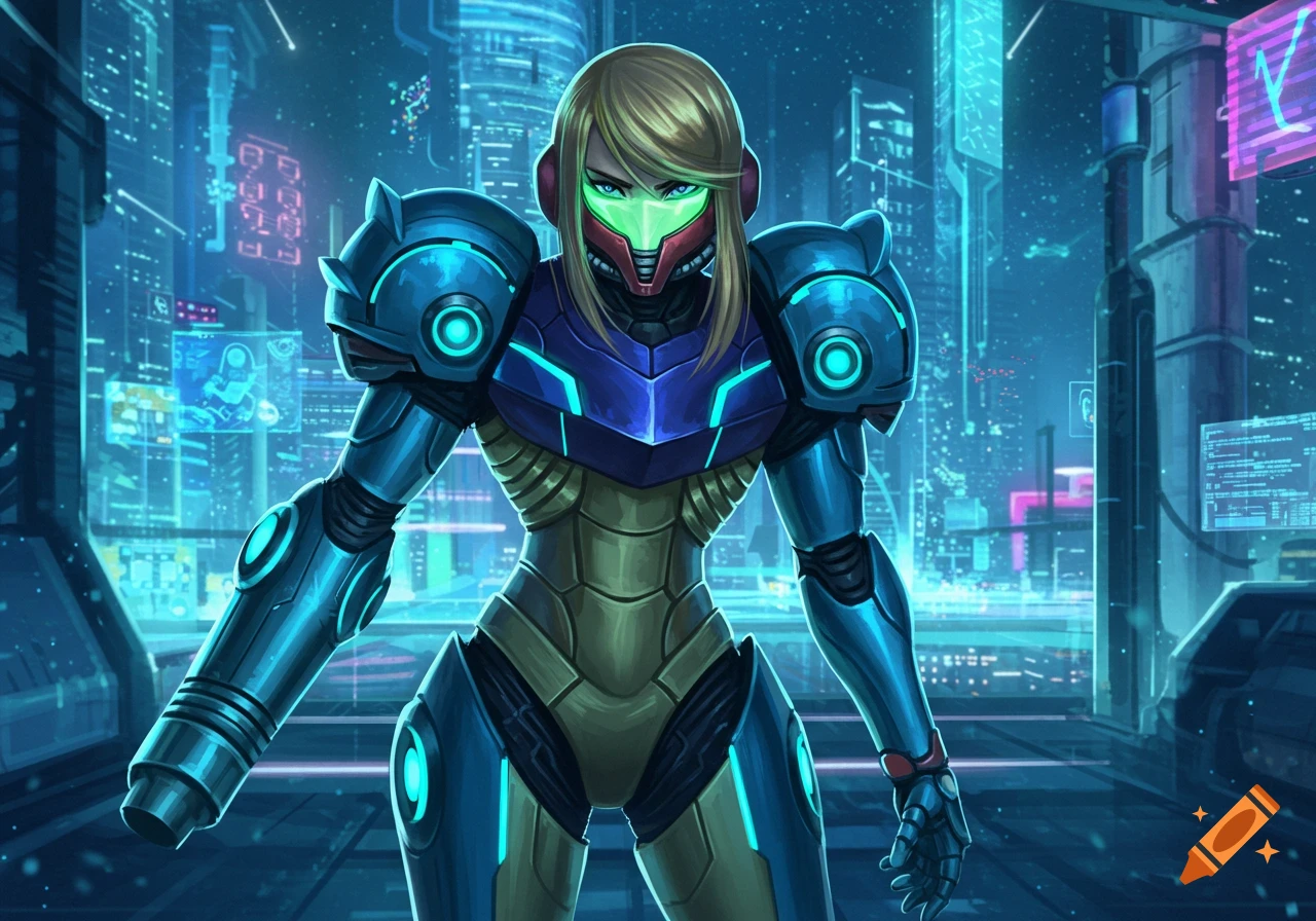 An illustration of Samus Aran in her blue power suit standing in a futuristic city at night.