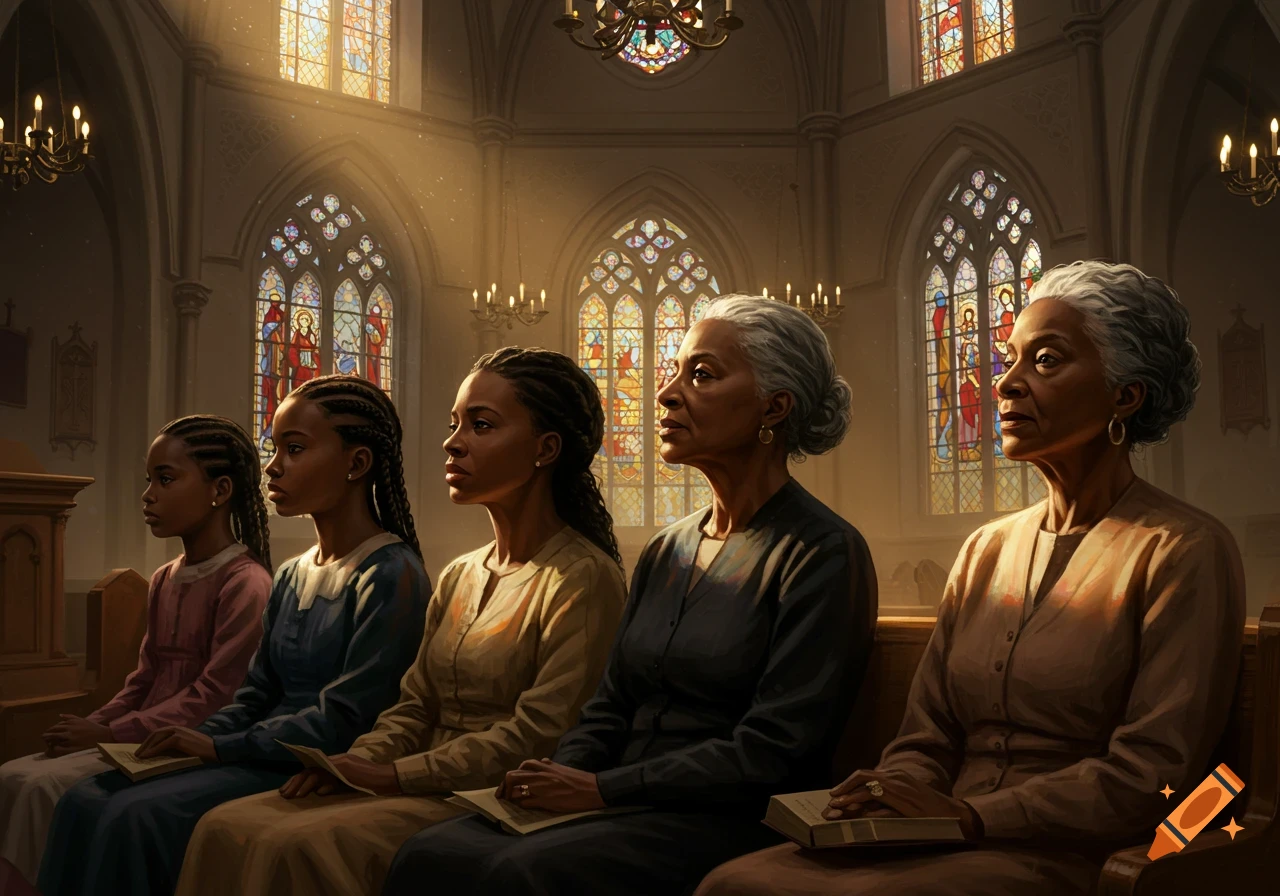 Five Black women of different generations sit in a church pew, bathed in sunlight streaming through stained glass windows. They face forward attentively.