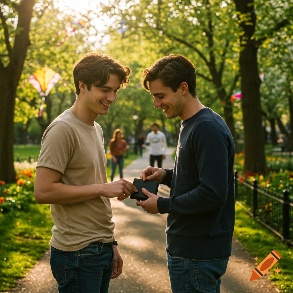 Two young men smiling and interacting over a wallet in a sunlit park with trees and flowers. Photorealistic.