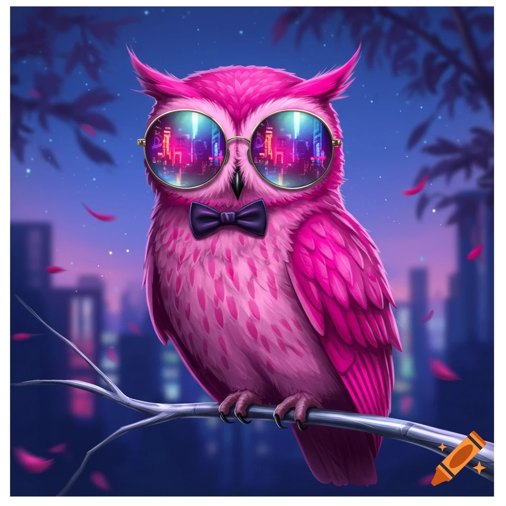 A vibrant pink owl with a bowtie and sunglasses perched on a branch at night, reflecting a colorful city skyline.