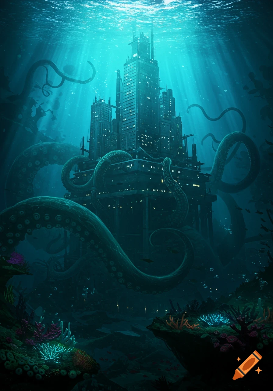 A surreal underwater city engulfed by giant ominous tentacles with light rays piercing the deep blue water.