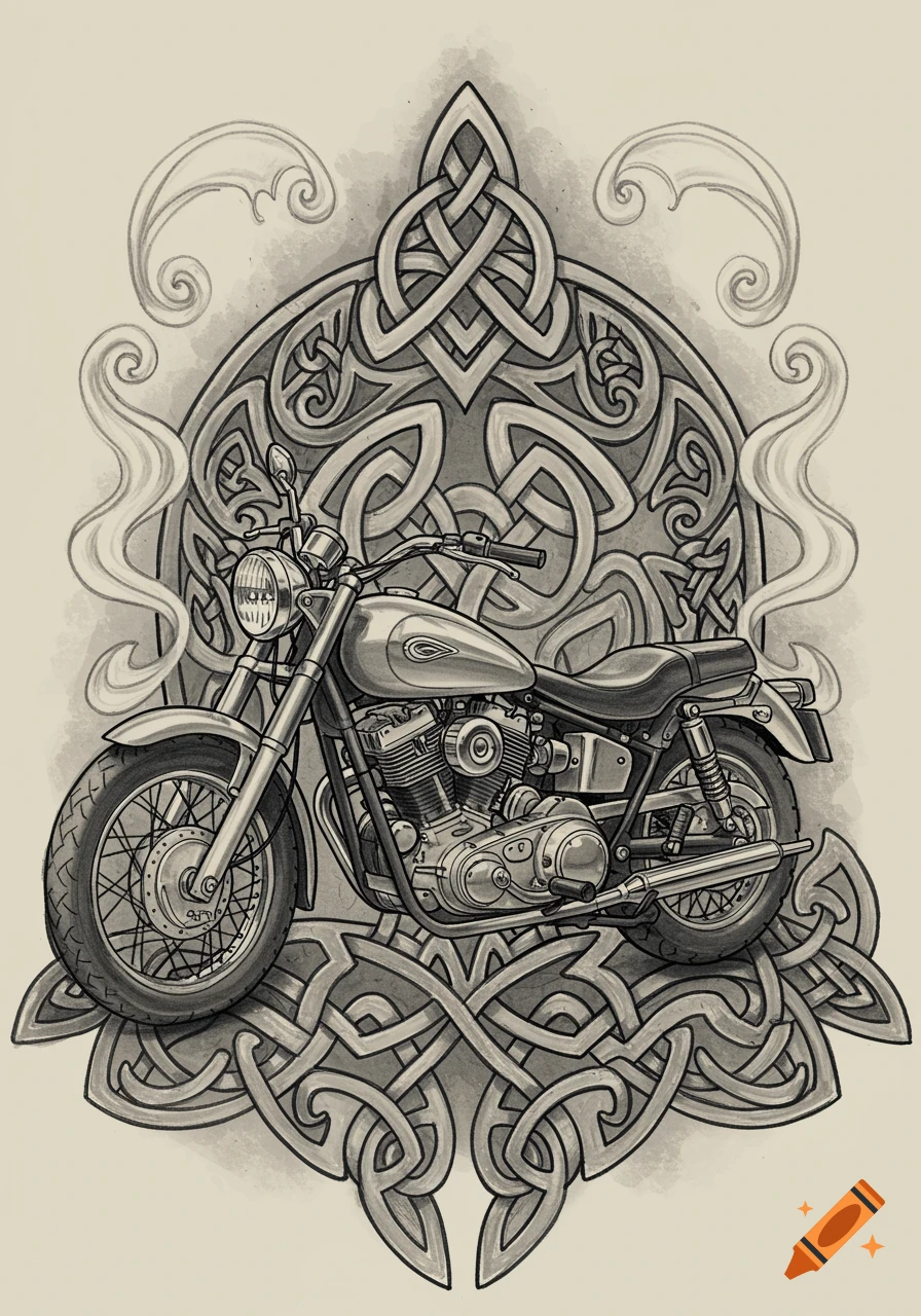 Grayscale illustration of a motorcycle against an intricate Celtic knotwork background.