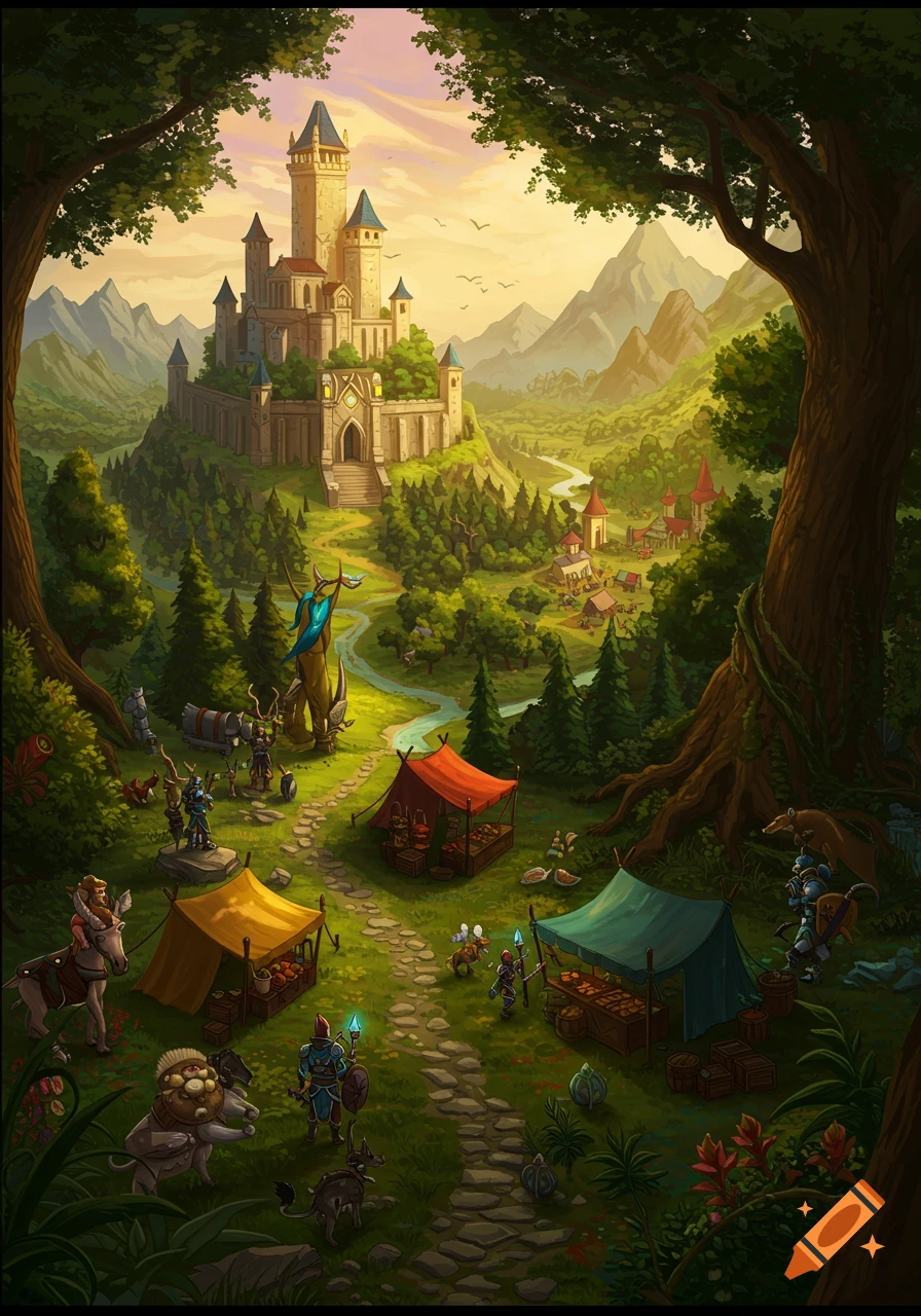 A detailed fantasy illustration shows a grand castle on a hill overlooking a vibrant market, a village, and a river winding through a lush green valley, framed by tall trees.