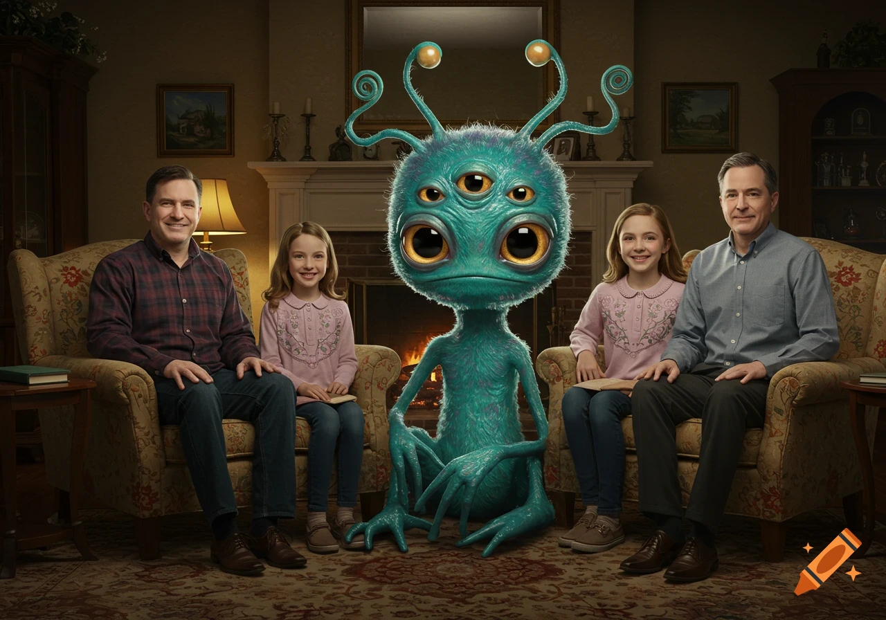 Two men and two young girls smile for a family photo with a blue, multi-eyed alien creature in a cozy living room.