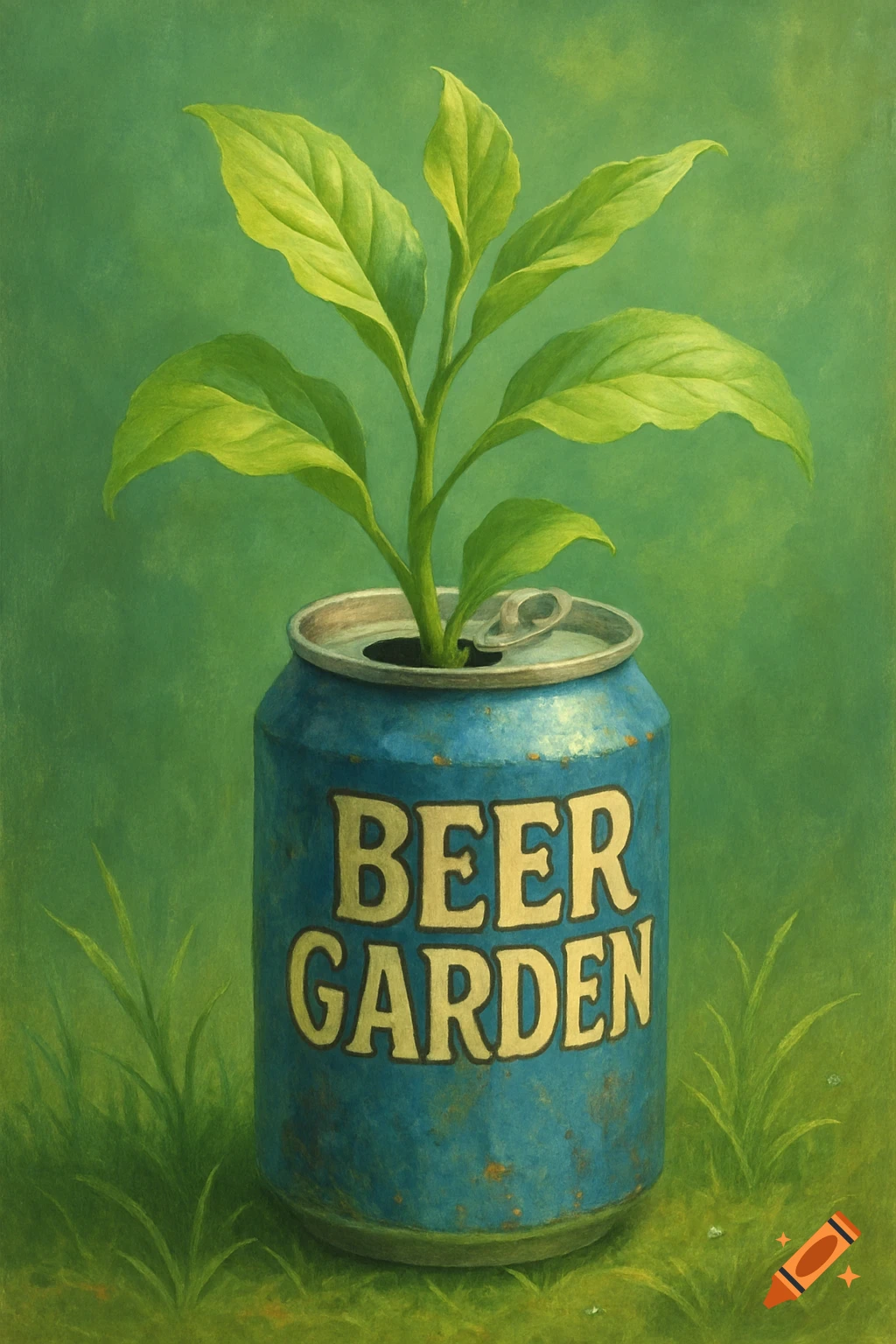 A vibrant green plant grows out of a blue beer can labeled 'BEER GARDEN' against a painterly green background, with some grass at the base.