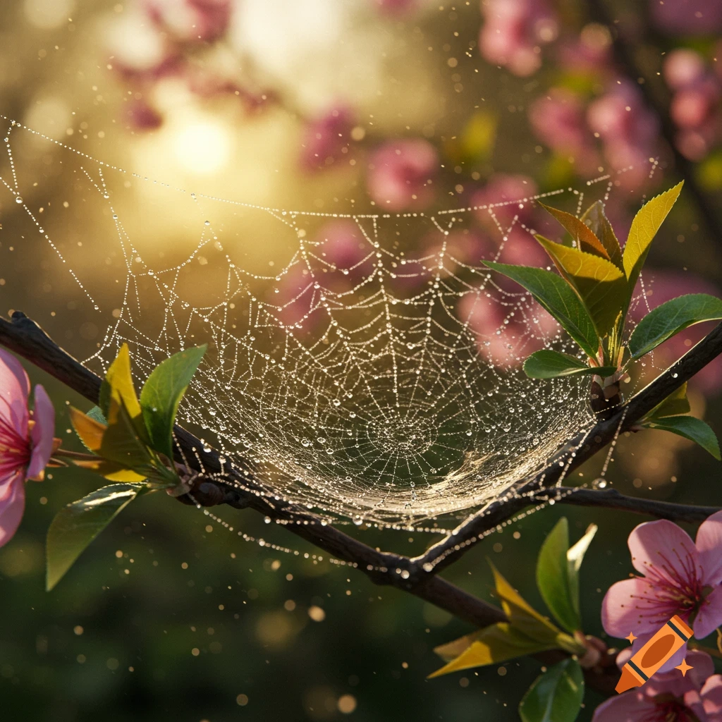 A delicate spiderweb covered in sparkling dew drops on a branch with pink flowers, bathed in warm golden sunlight.