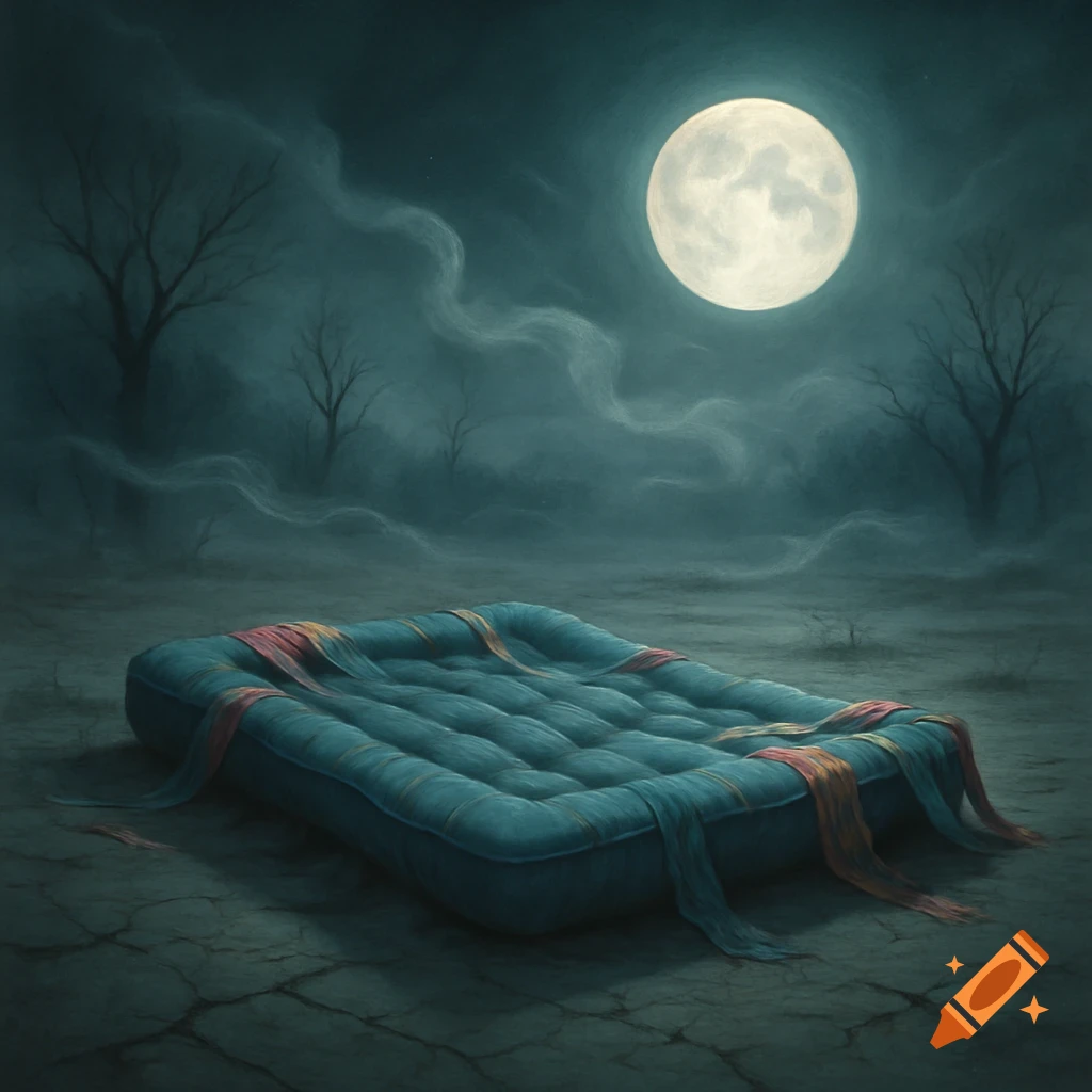 A deflated, blue inflatable bed lies on cracked ground under a large full moon at night, with bare trees and mist in the background.