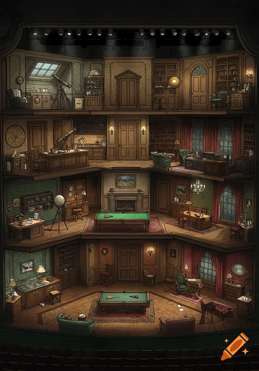 Detailed illustrated cutaway view of a multi-level mansion, designed as a theatre set, featuring various rooms.
