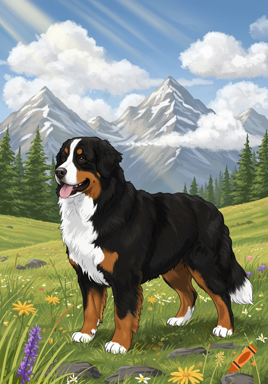 A drawing of a Bernese Mountain Dog stands in a flowery mountain meadow with snow-capped peaks and pine trees under a blue sky.