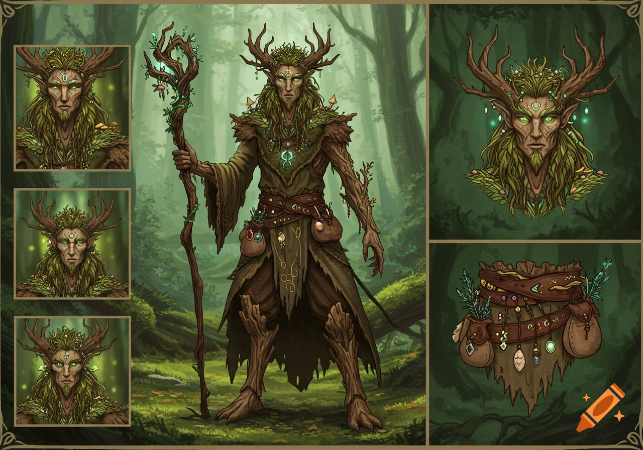 A detailed fantasy character reference sheet of a male druid with antlers, green bark skin, and glowing eyes, holding a staff, in a forest setting.