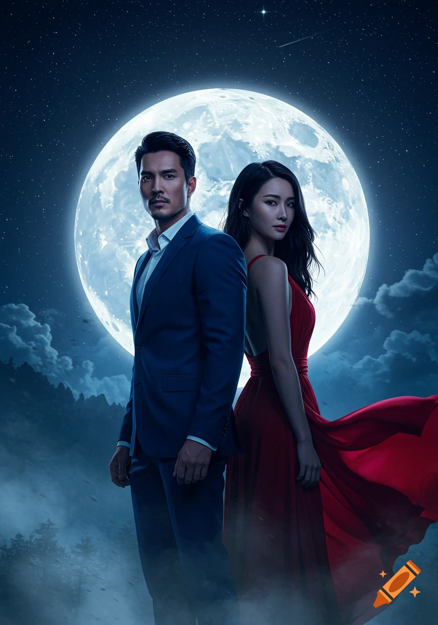 A photorealistic movie poster featuring a man in a blue suit and a woman in a red dress standing before a large full moon at night.