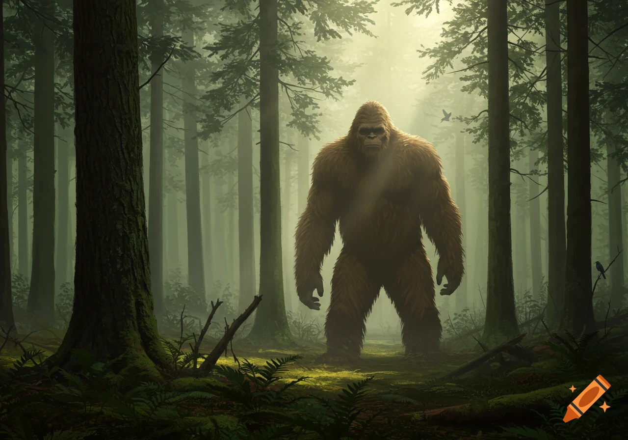 A large, furry Bigfoot stands in a misty, sunlit forest.