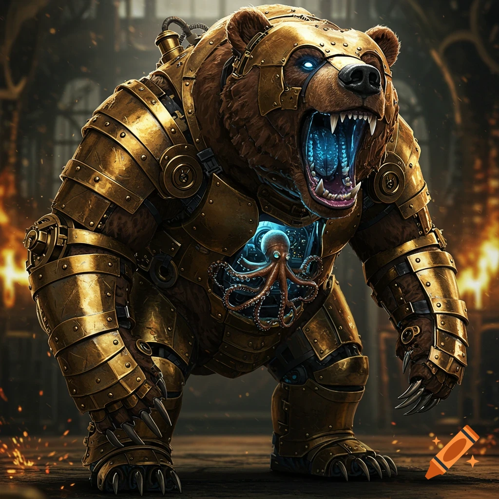 A fierce, heavily armored steampunk clockwork bear with glowing blue eyes and teeth, and a luminous mechanical octopus in its chest.