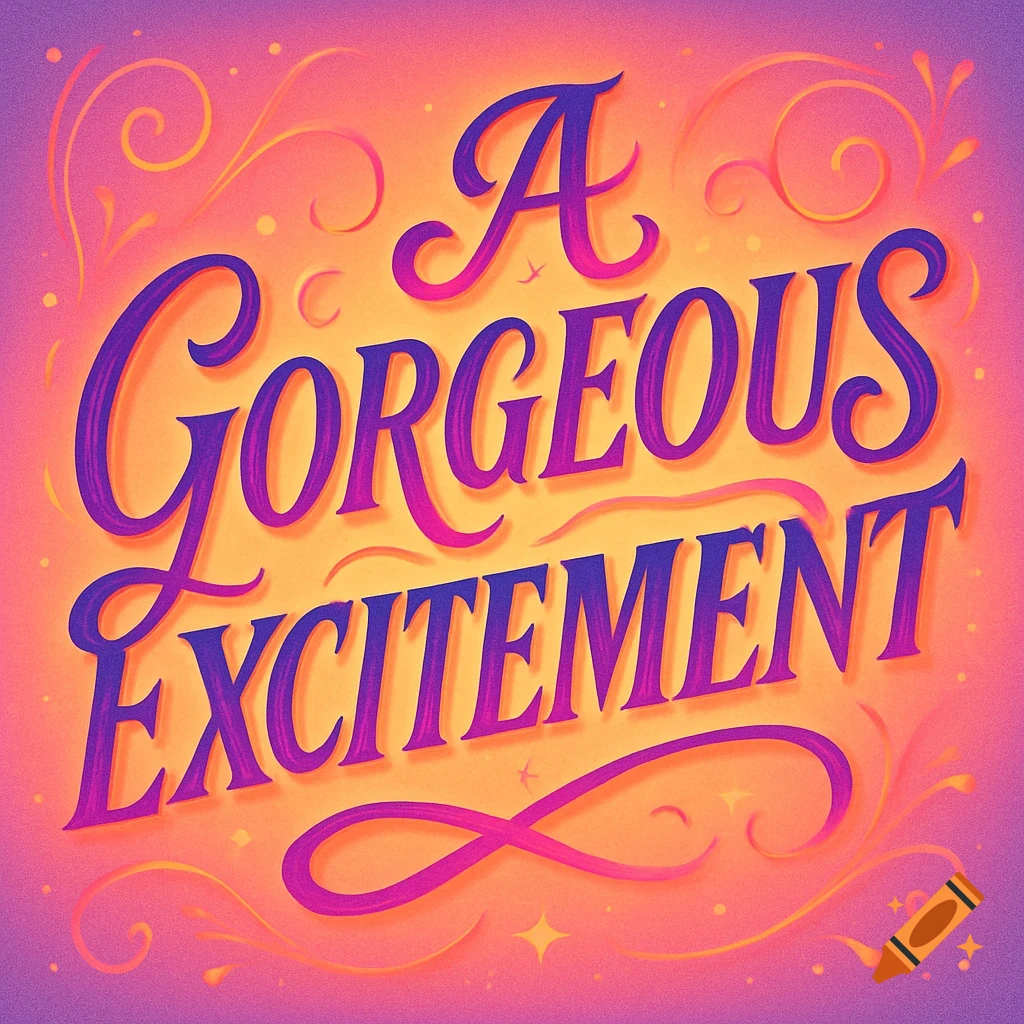 Decorative purple and orange lettering reads "A GORGEOUS EXCITEMENT" on a gradient background with swirls and sparkles.