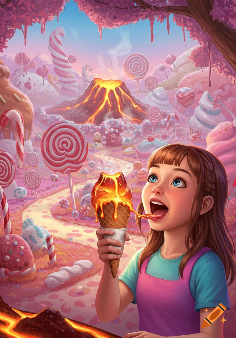 A young girl joyfully licks a dripping, glowing volcano ice cream cone in a vibrant, fantastical candy land with candy trees and hills.