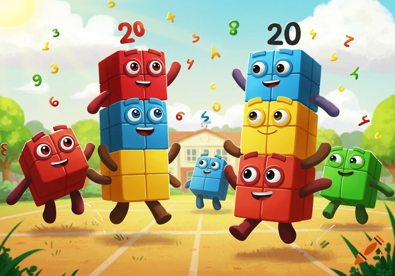 Cartoon illustration of colorful Numberblocks characters playing on a track in front of a school, with numbers floating in the air.