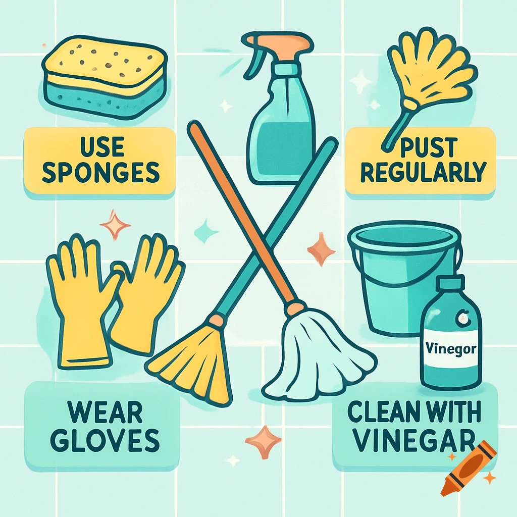 Infographic illustrating cleaning tips with cartoon icons of sponges, gloves, spray bottle, duster, broom, mop, bucket, and vinegar.