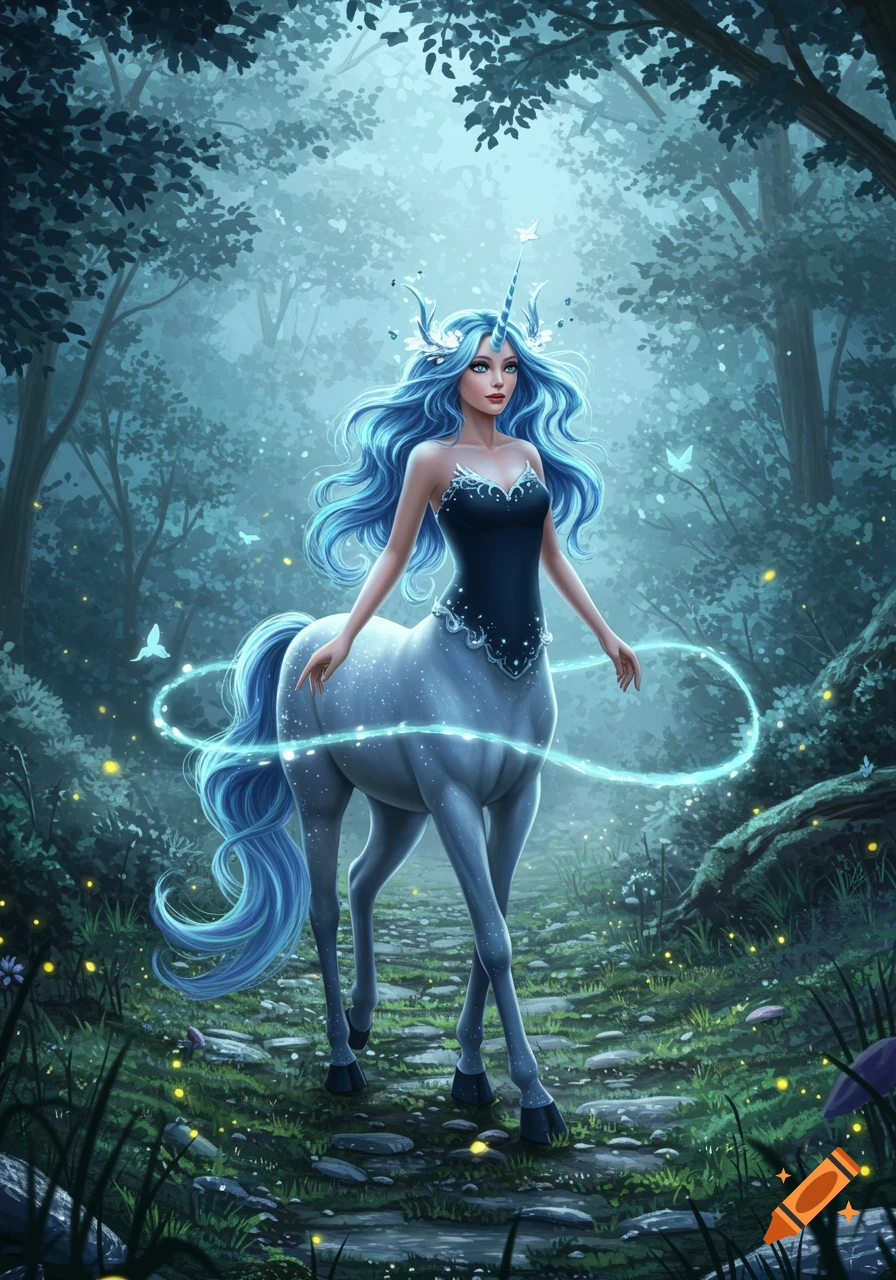 A mythical unicorn centaur girl with long blue hair stands in an enchanted forest with glowing lights.