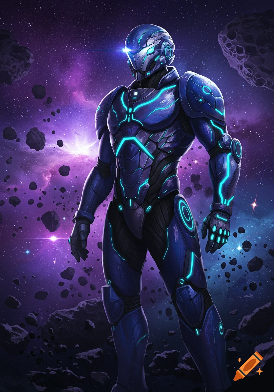 A blue space marine with glowing cyan lights stands in space surrounded by asteroids and a purple nebula, in an anime style.