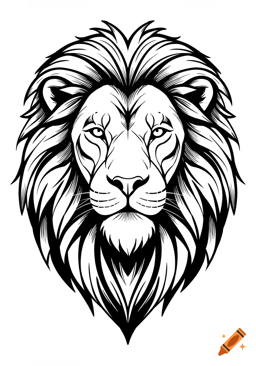 Black and white minimalist line art illustration of a majestic lion head.