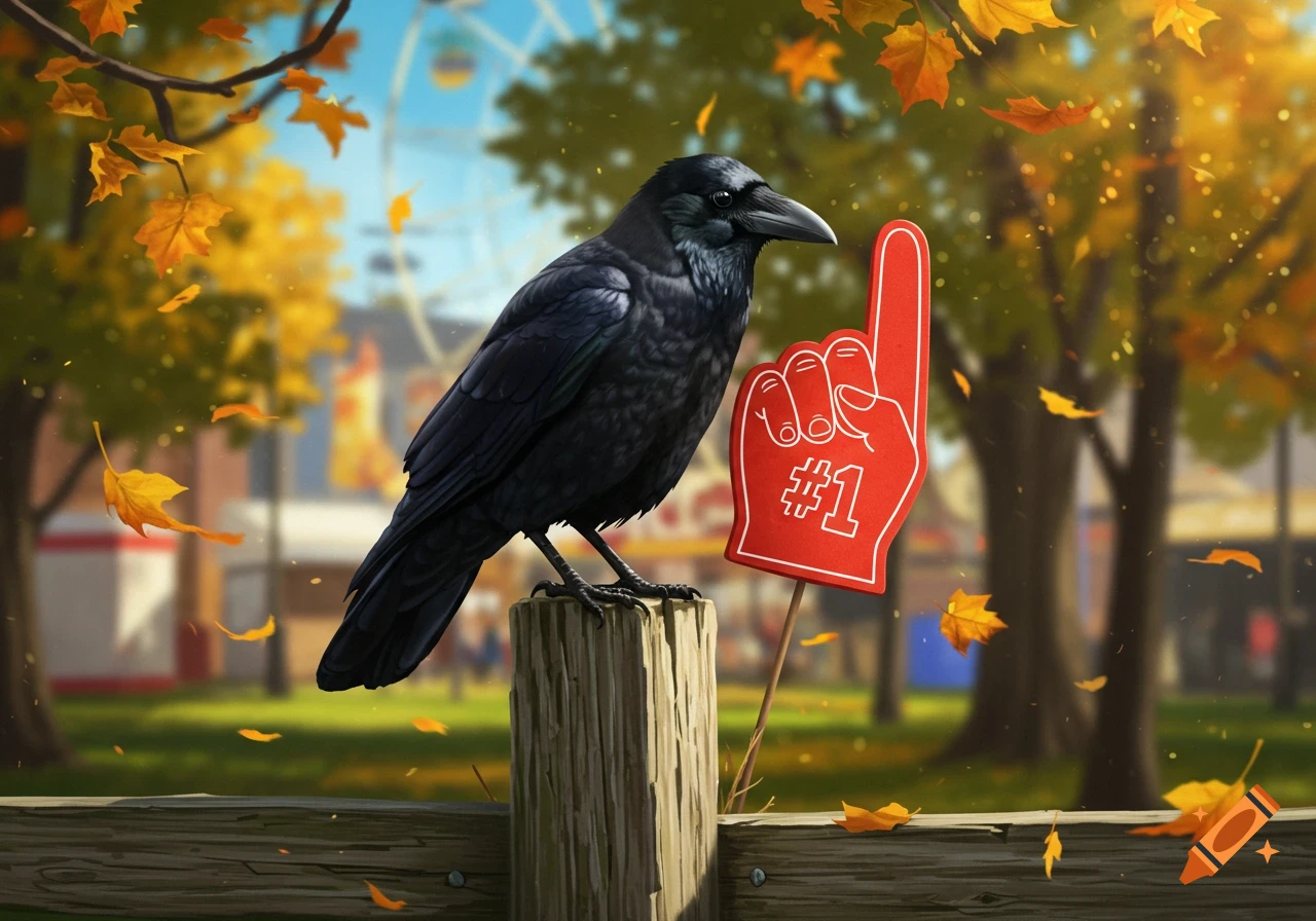 A black crow perches on a wooden post, holding a red foam finger with a white '#1' in an autumn fairground scene with falling leaves.