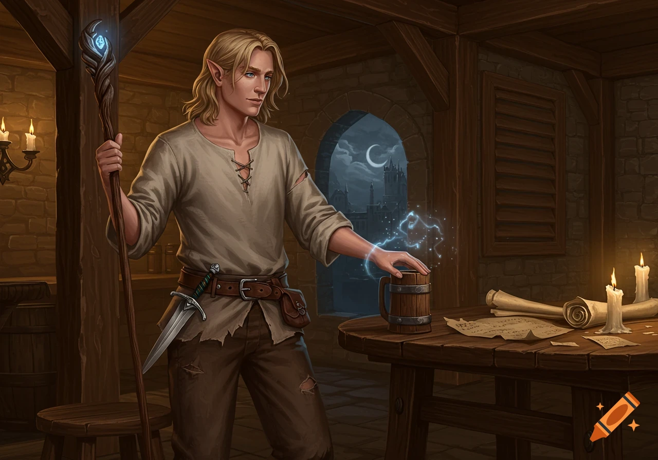 An elf wizard with blond hair in commoner's clothes stands in a tavern, holding a staff and casting a spell on a wooden mug. Scrolls and candles are on the table.