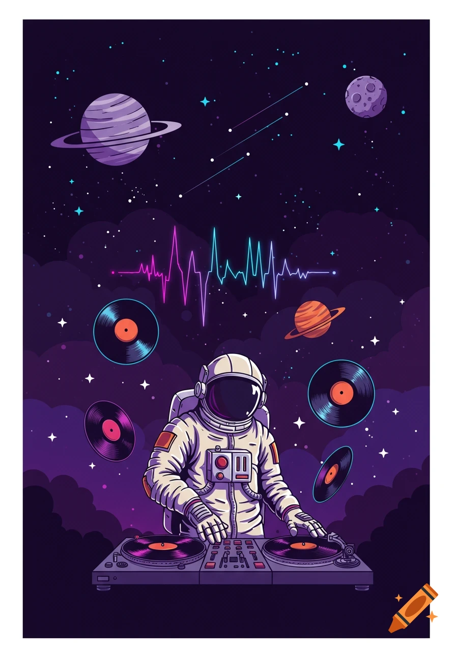 A cartoon astronaut DJs on turntables in outer space surrounded by planets, stars, and floating vinyl records with a neon sound wave.