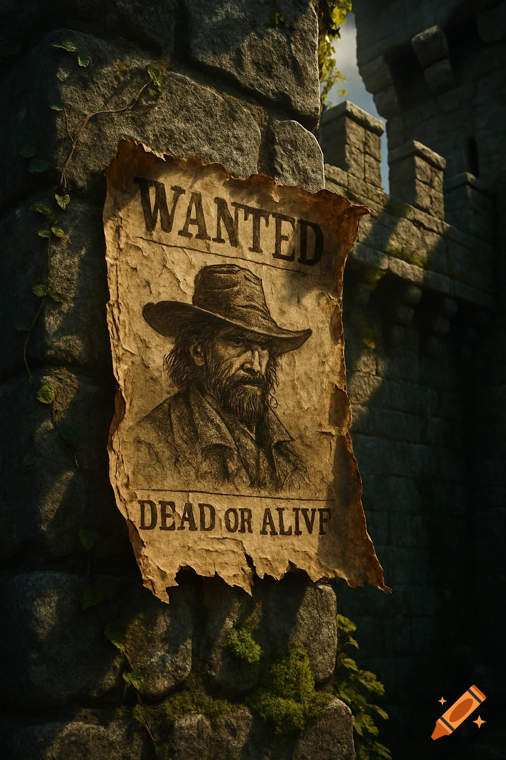 A tattered wanted poster featuring a drawing of a bearded man in a cowboy hat, affixed to a mossy stone castle wall.